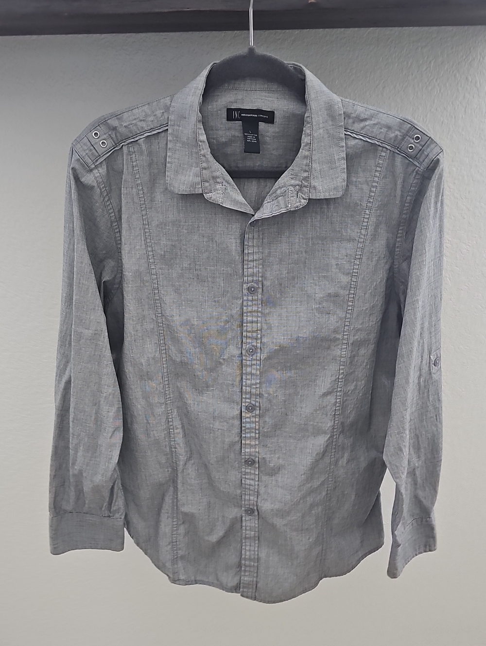 INC Grommet Epaulet Roll Tab Long Sleeve Button Down Shirt Gray L